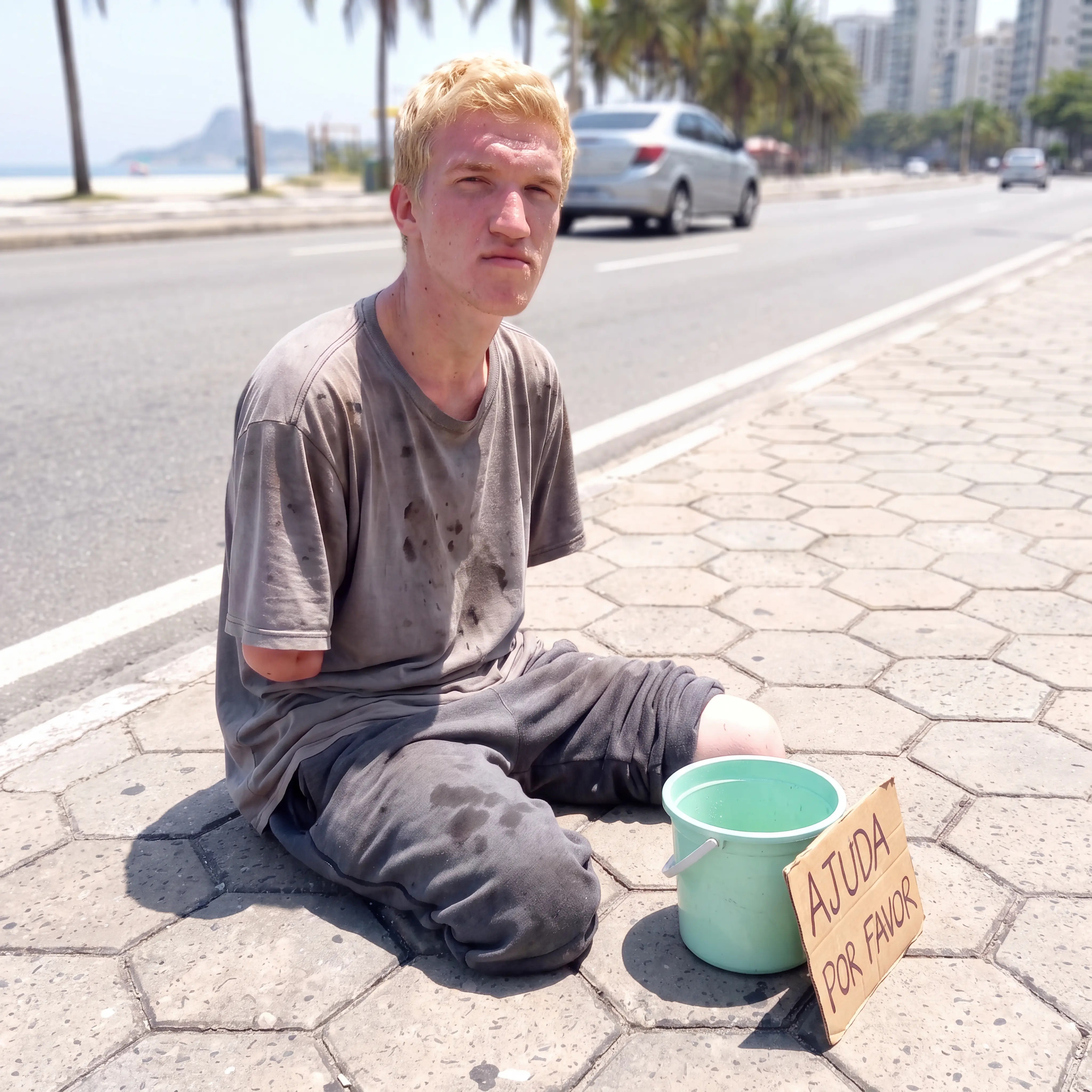 Felipe na avenida com o balde no colo